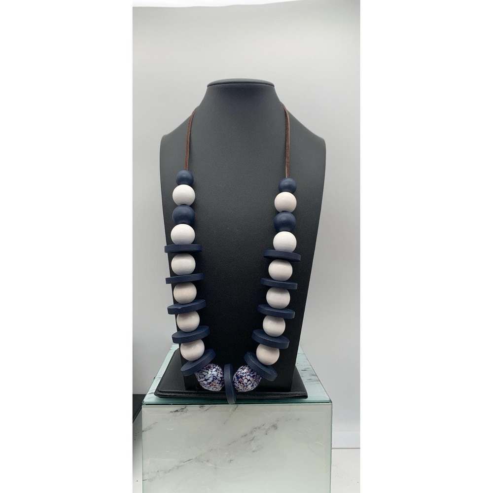 Handmade Blue & Wht Art Glass And Wood / Wooden Beaded And Disc Necklace 24-26"